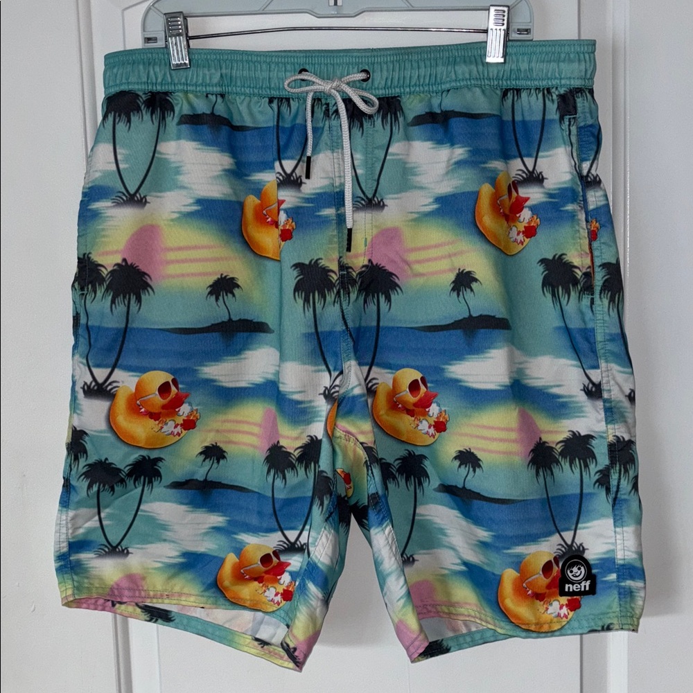 Neff Hawaiian duck shorts trunks XL sunglasses lei